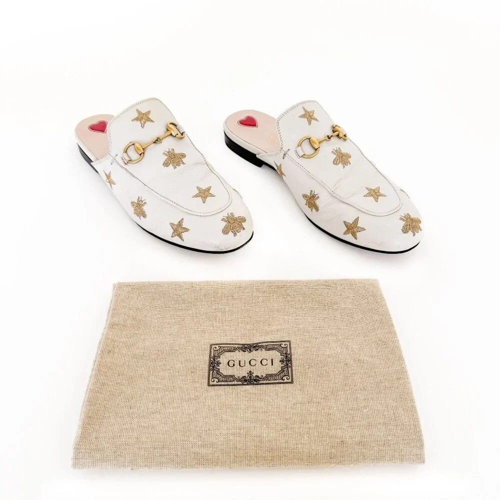 Gucci Princetown Horsebit Loafer Mule EU 37 US 7 White Bee Star Embroidered